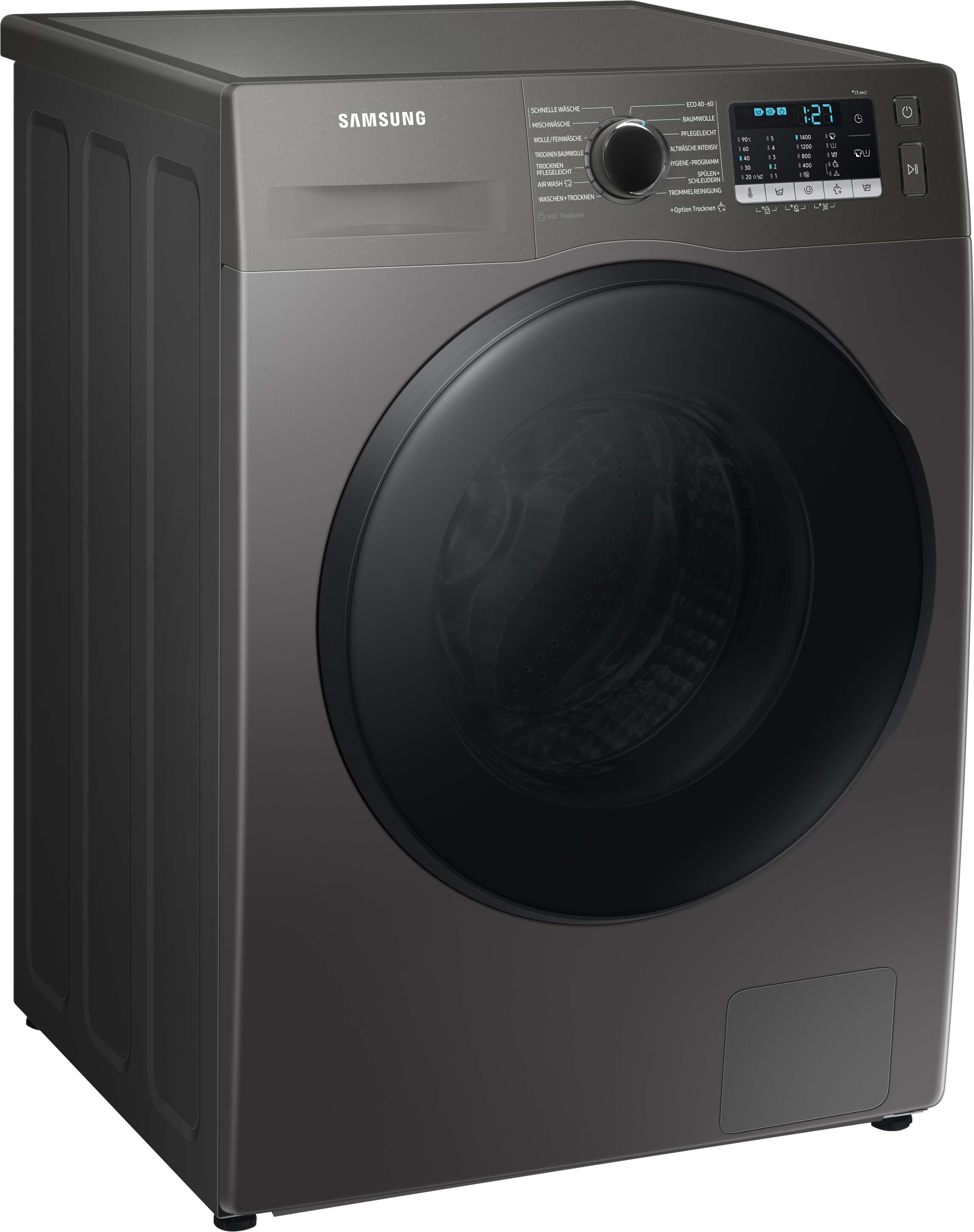Dunkelgraue Samsung Waschmaschine, Frontlader mit schwarzer Tür, auf weißem Grund.