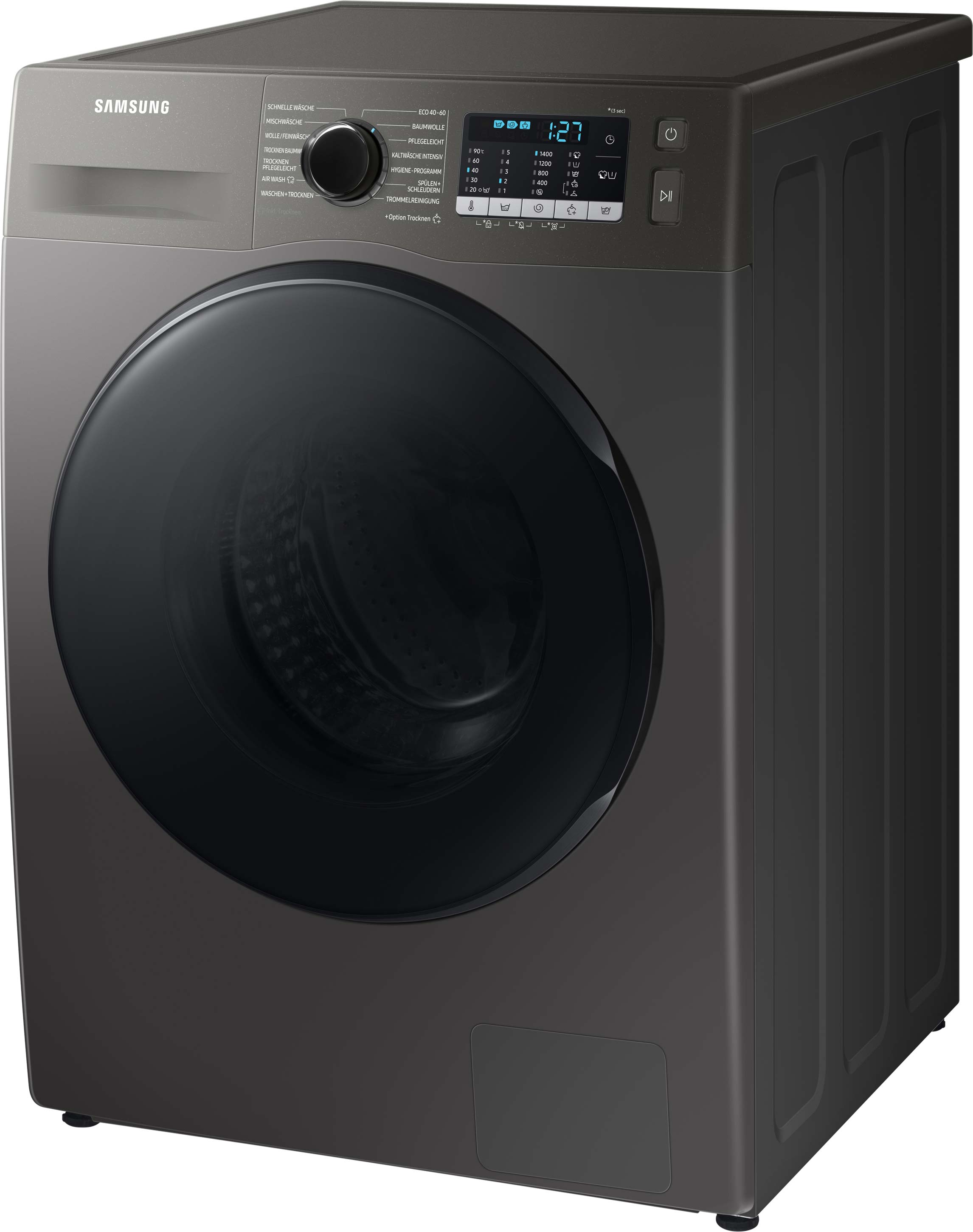Dunkelgraue Waschmaschine, Frontansicht. Digitales Display und Bedienfeld, schwarze Tür.