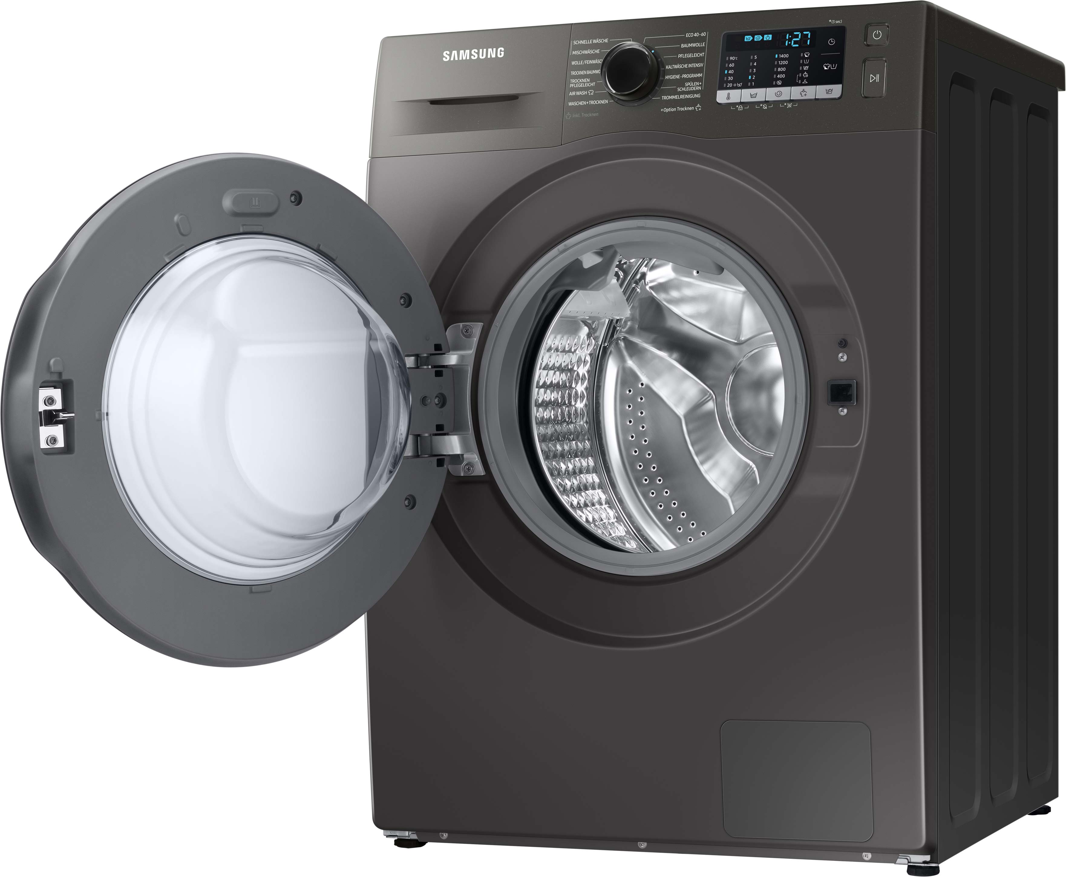 Eine Samsung Waschmaschine mit geöffneter Tür, die Trommel und Bedienfeld zeigt.