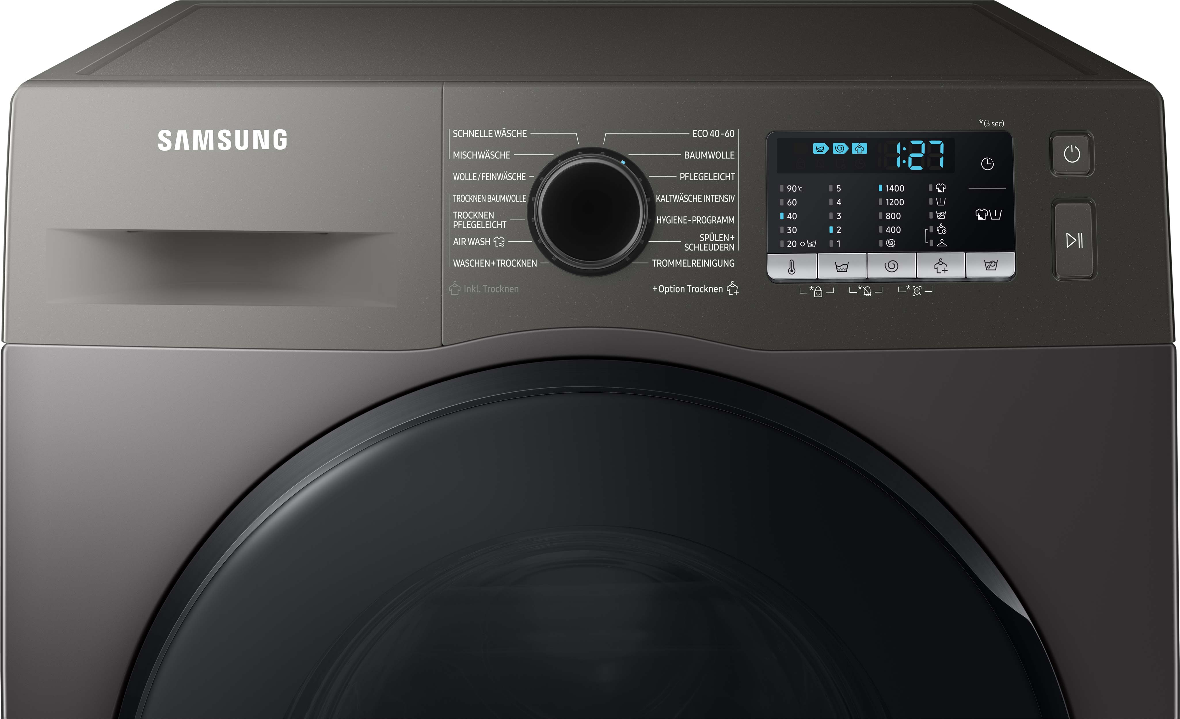 Graues Samsung Waschmaschinen-Bedienfeld. Es hat ein Display, Tasten und ein Wahlrad für Einstellungen.