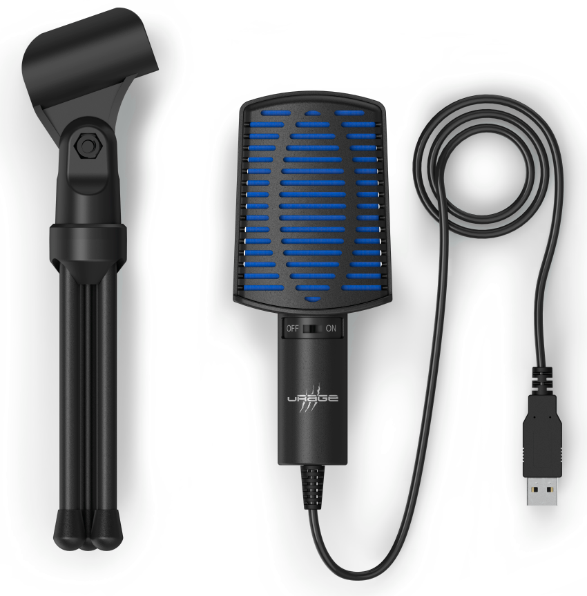 Fekete USB mikrofon állvánnyal és kábellel, sötét, elmosódott háttér előtt.