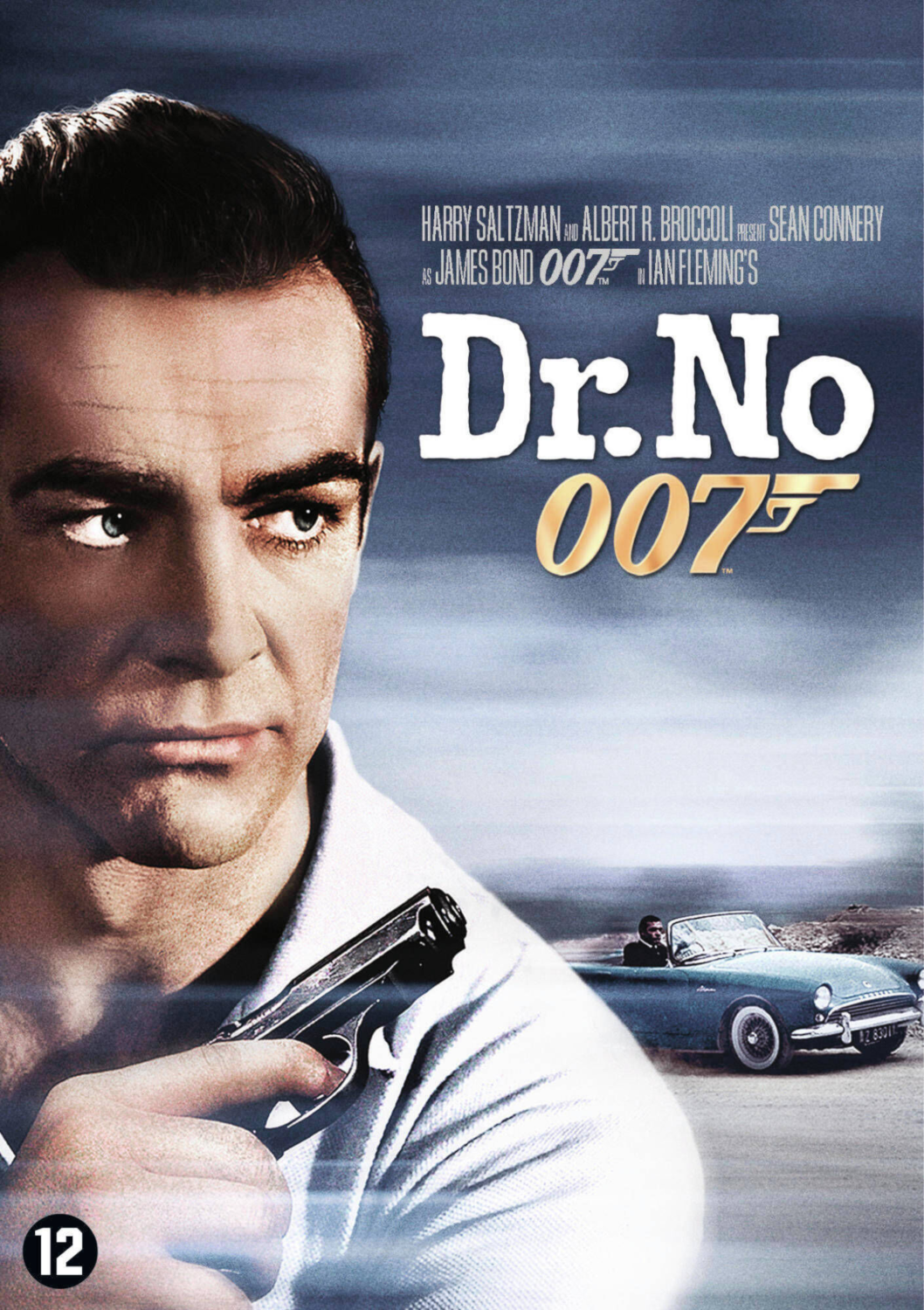Affiche du film 'Dr. No' avec Sean Connery tenant une arme et une voiture en arrière-plan.