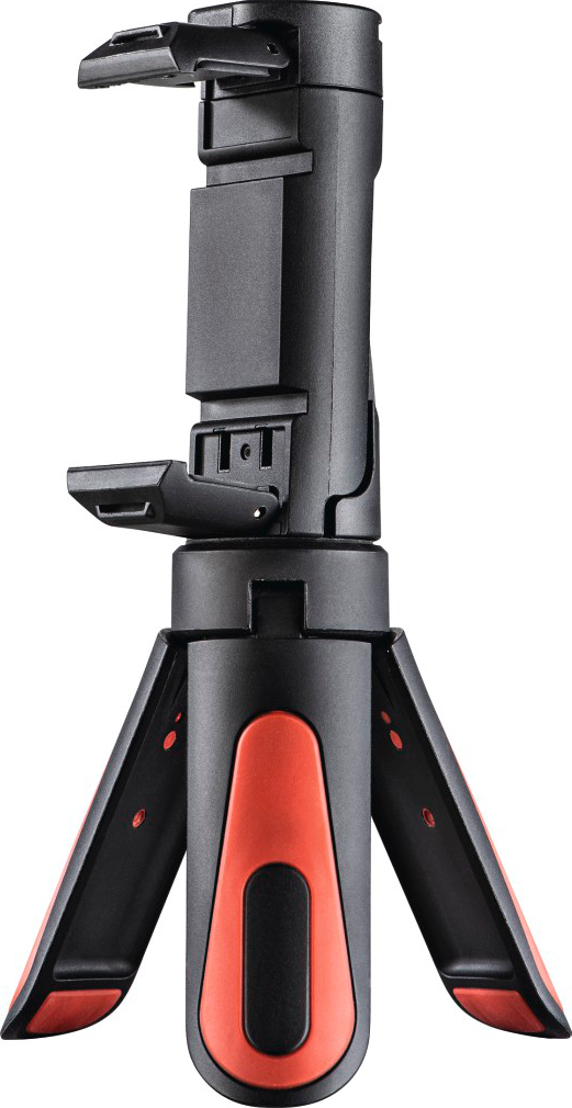 Mini treppiede nero e rosso per telefono. Ha un supporto regolabile e gambe estensibili.