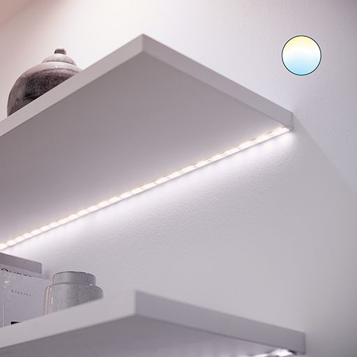Weiße Regale mit einem Lichtstreifen auf dem unteren Regal und einem kleinen Licht an der Wand.
