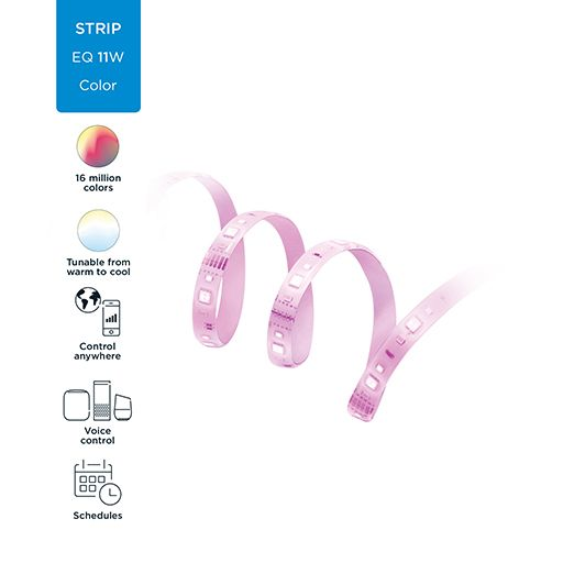 Ein flexibles LED-Band, rosa bei Beleuchtung, mit Produktinformationen links.