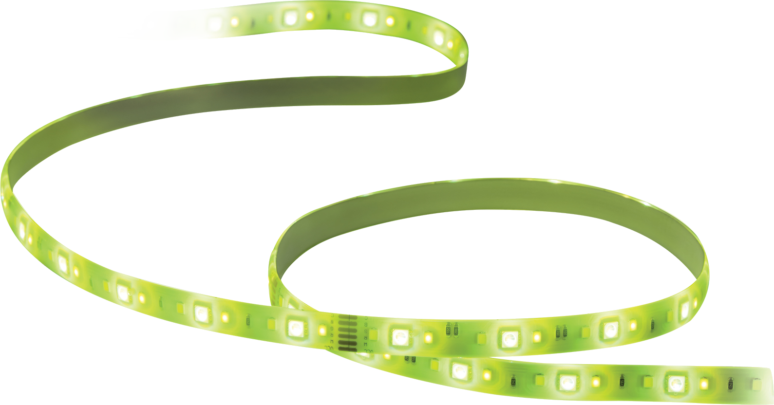Grüner LED-Lichtstreifen, aufgerollt. Die Lichter sind quadratisch und gleichmäßig verteilt.