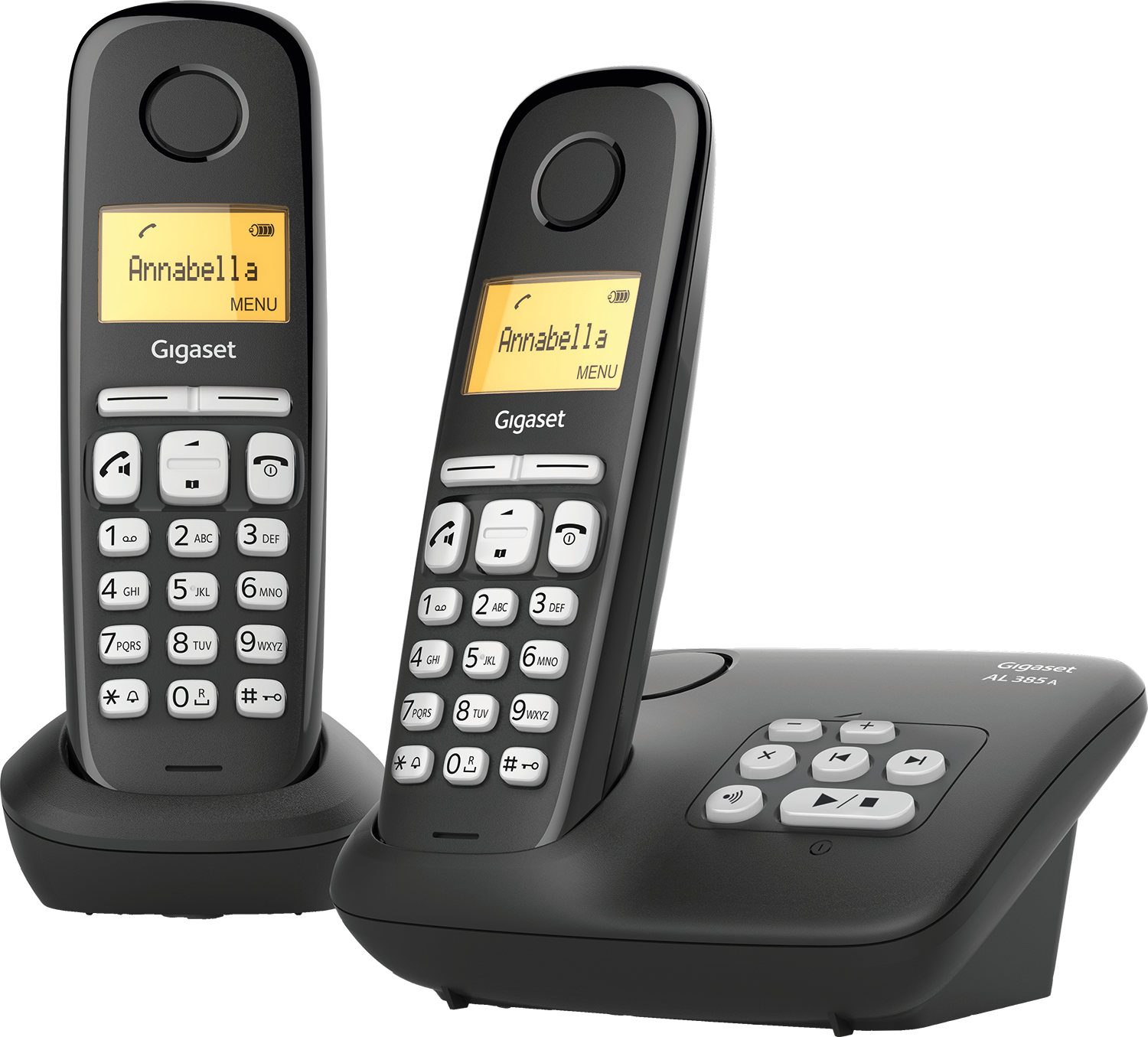 Twee zwarte vaste telefoons, waarvan één met een scherm waarop 'Annabella' staat. De basis is ook zwart.