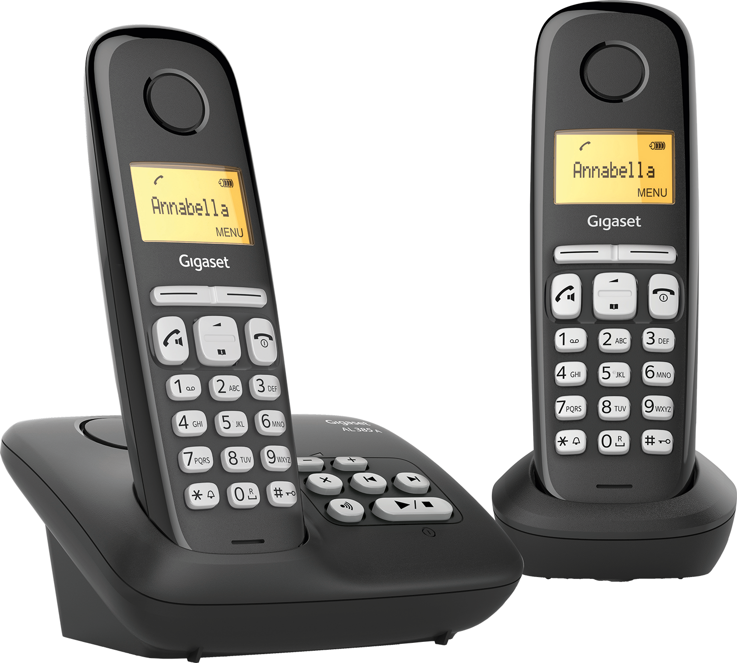 Twee zwarte draadloze telefoons, een in zijn basis, met de naam 'Annabella' op het scherm.