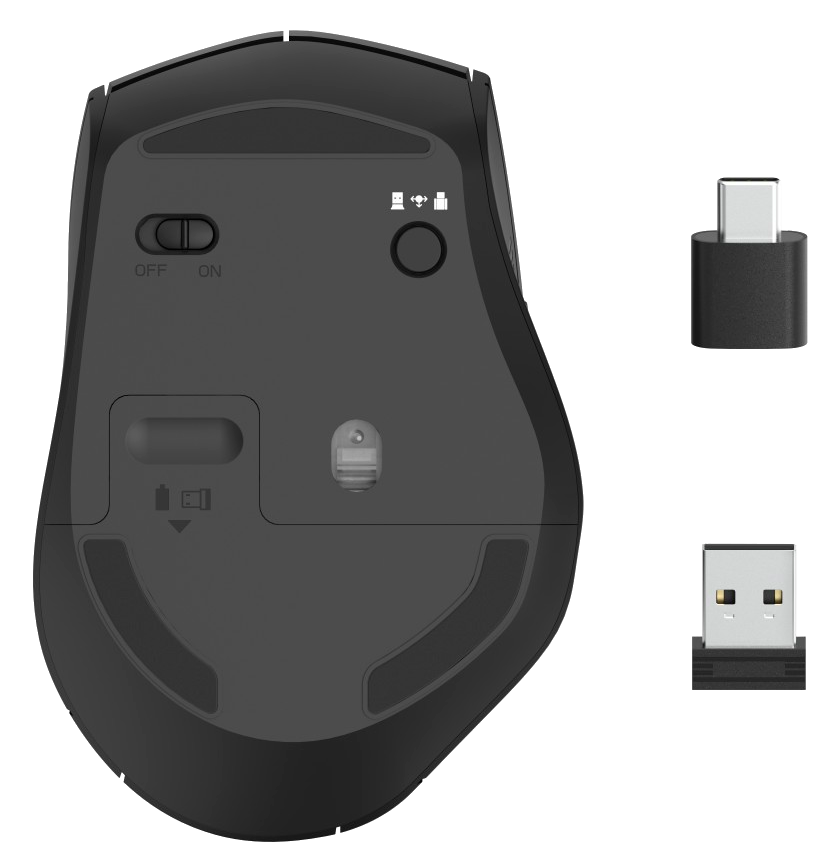 Egy fekete számítógépes egér alja és két USB vevő. Az egéren van egy be/ki kapcsoló és egy gomb.