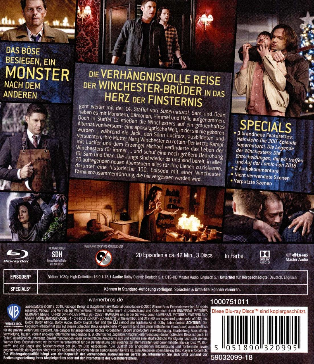 Die Rückseite einer Supernatural DVD-Box. Text und Bilder aus der Show sind zu sehen.