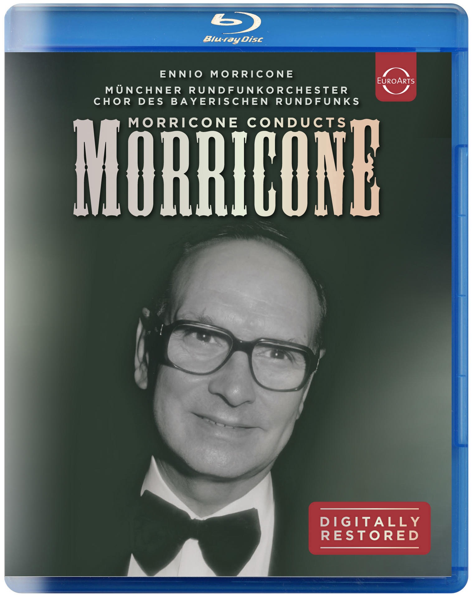 Blu-ray-Disc-Cover mit einem Schwarz-Weiß-Porträt von Ennio Morricone in einem blauen Gehäuse.