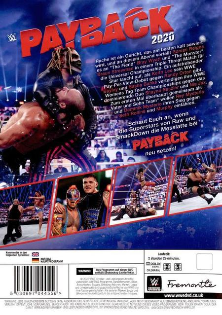 Rückseite einer Payback 2020 DVD-Hülle mit Bildern von Wrestlern, Text und Logos.
