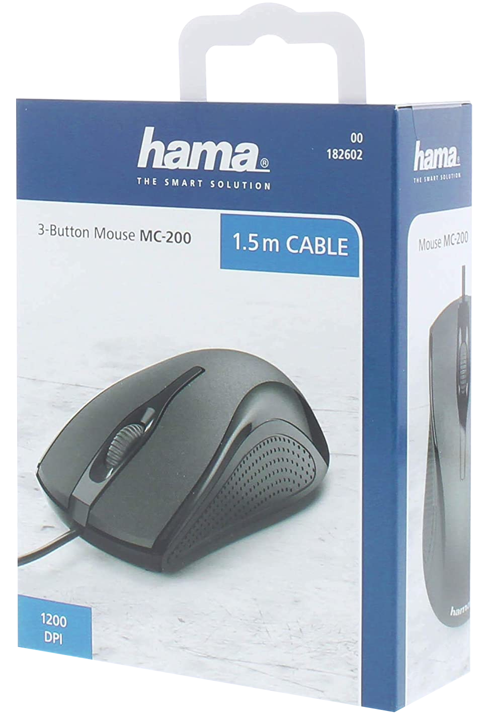 Fekete számítógépes egér dobozban. A dobozon '3-Button Mouse MC-200' és '1,5 m CABLE' feliratok láthatók.