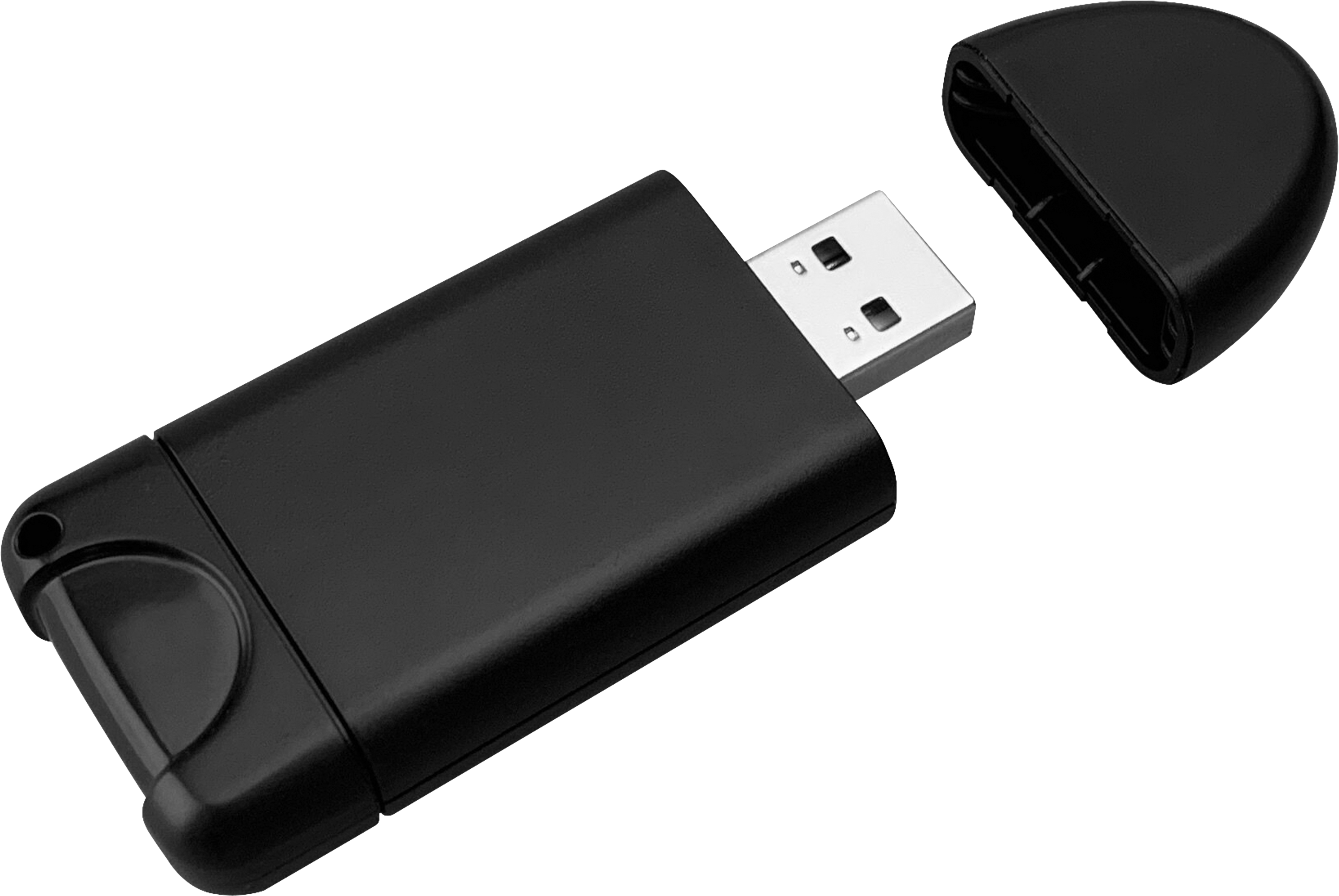 Chiavetta USB nera con il cappuccio rimosso, pronta per essere collegata.