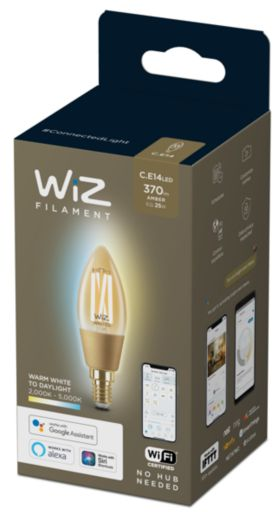 Schachtel mit einer Wiz-Filament-Glühbirne. Warmweißes Licht mit Smartphone-App-Bild.