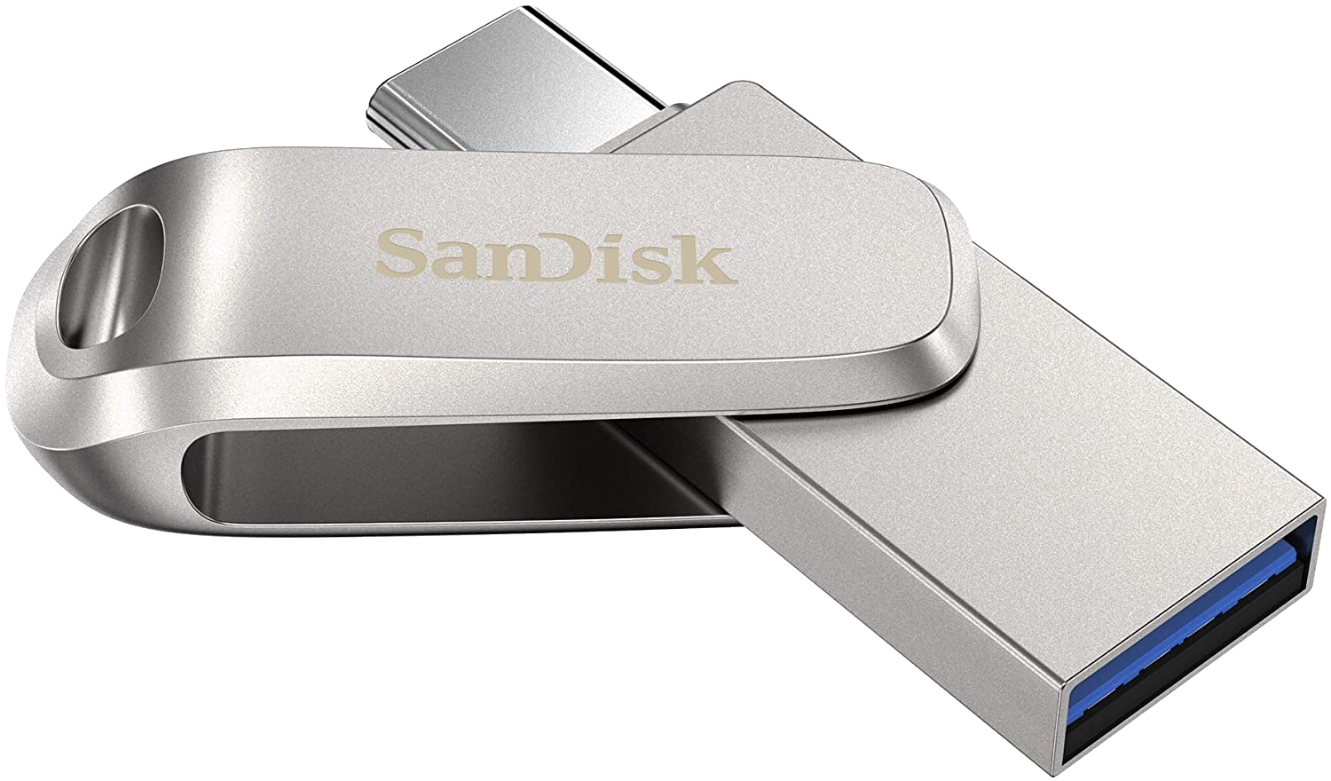 Ezüst SanDisk USB-meghajtó. A 'SanDisk' szöveg látható a tetején.
