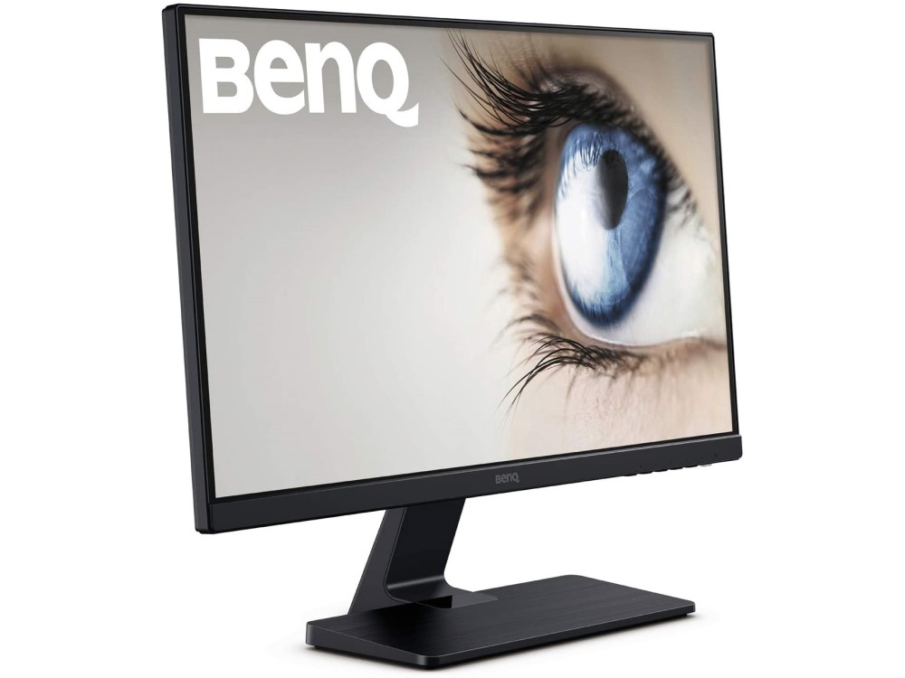 Un monitor de computadora negro con el logotipo de BenQ en la pantalla, mostrando un ojo.