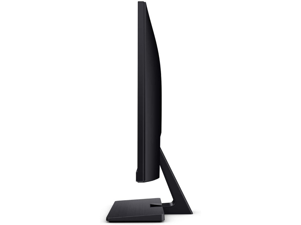 Monitor de ordenador negro, vista lateral, que muestra la pantalla, el soporte y un perfil delgado.