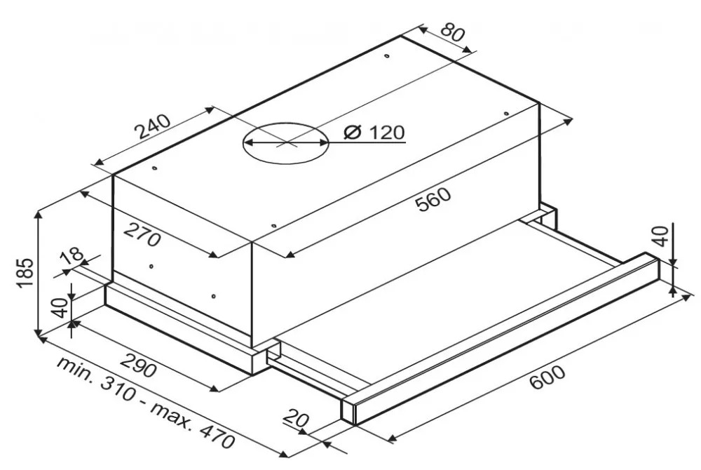 Egy téglalap alakú konyhai elszívó ventilátor diagramja, méretekkel és mm-ben.