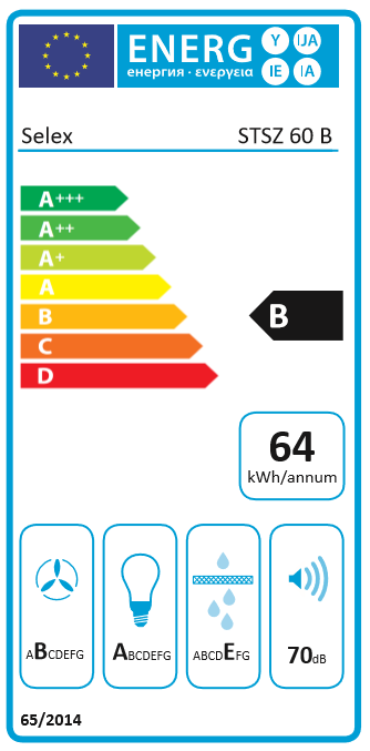 Energetikai címke, besorolásokkal és szimbólumokkal, egy termékhez, Selex márkával.