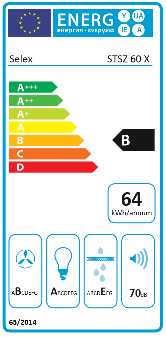 Egy energiacímke különböző energiahatékonysági osztályokkal. A címke egy Selex STSZ 60 X termékhez tartozik.