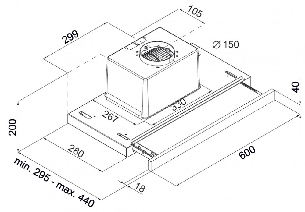 Konyhai páraelszívó diagramja méretekkel, felülnézet.