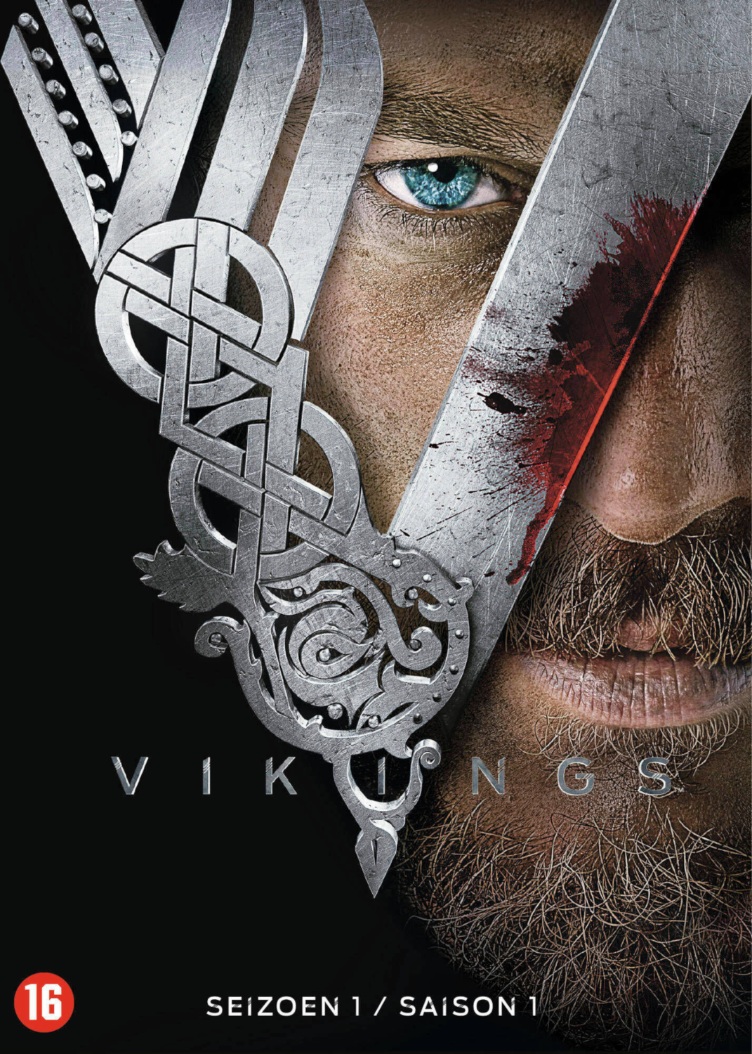 Couverture de la série Vikings. Comprend un visage, un œil, une épée et le logo de la série.