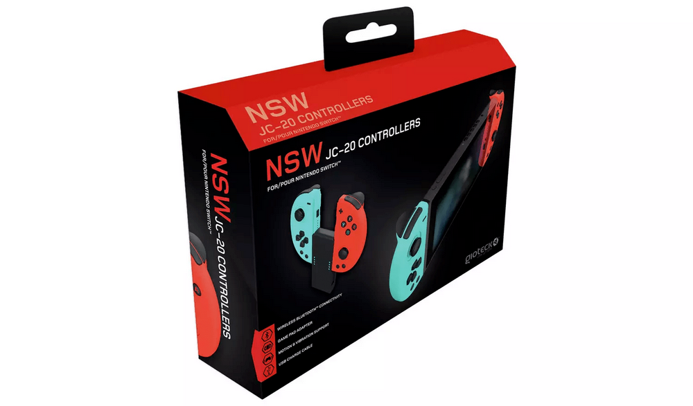 Caja para mandos NSW JC-20. Muestra los mandos en la caja. Color rojo y negro.