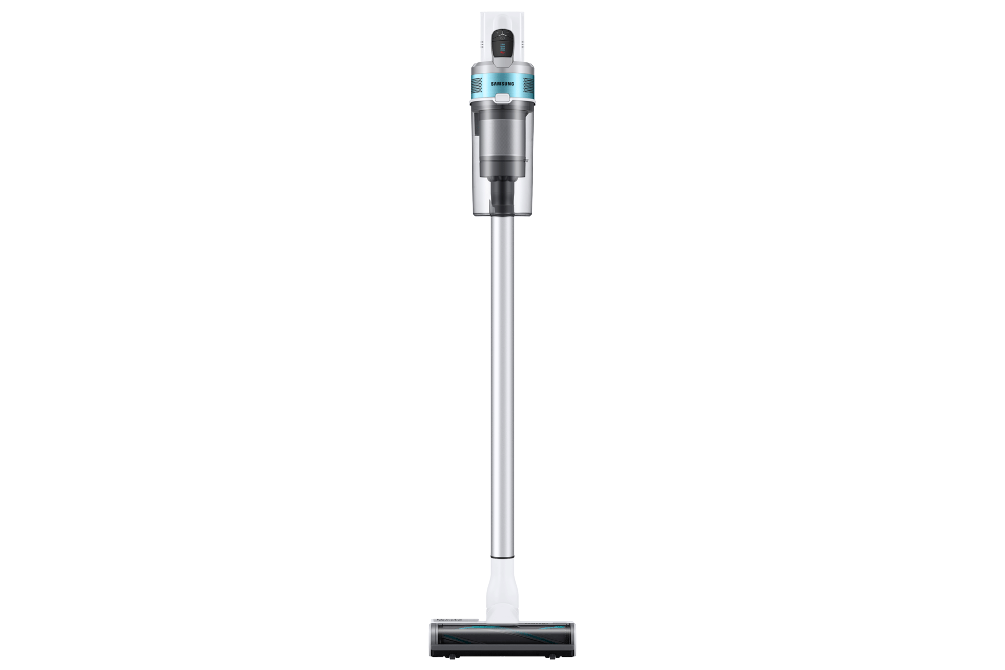 Samsung snoerloze stofzuiger. Wit en zilver. Lange handgreep. Zwarte achtergrond.