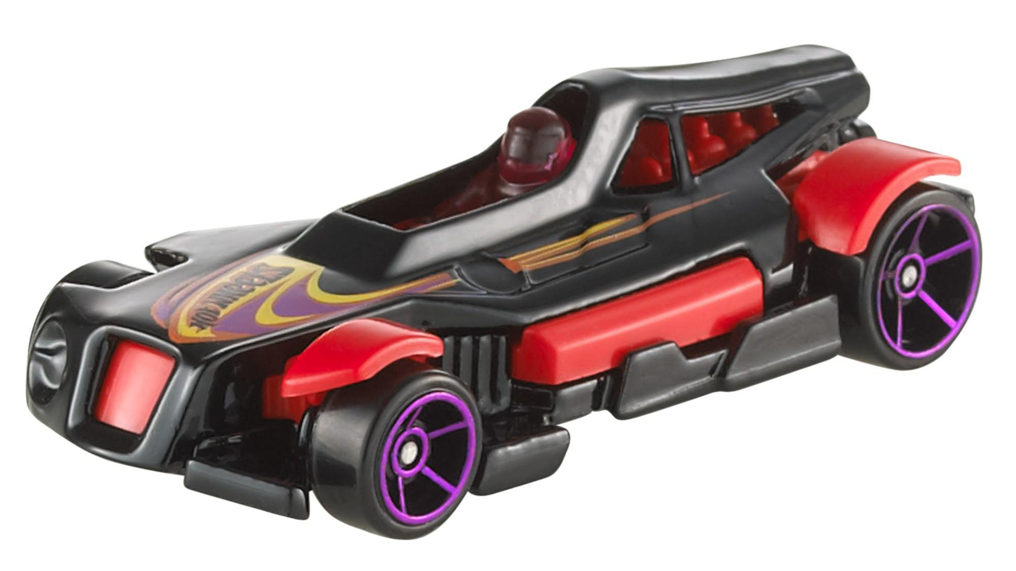 Schwarzes und rotes Hot Wheels-Rennauto mit lila Rädern und einem Fahrer. Das Auto hat ein gelbes und lila Design.