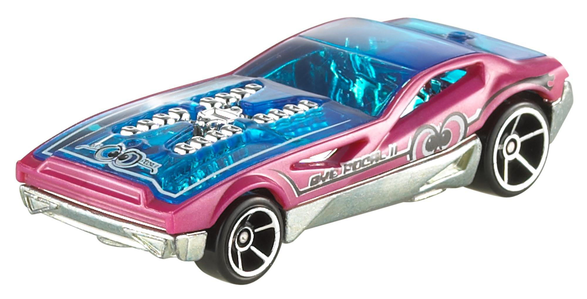 Ein rosa-blaues Spielzeugauto mit transparentem Motorraum. Das Auto hat silberne Akzente und schwarze Räder mit weißen Details.