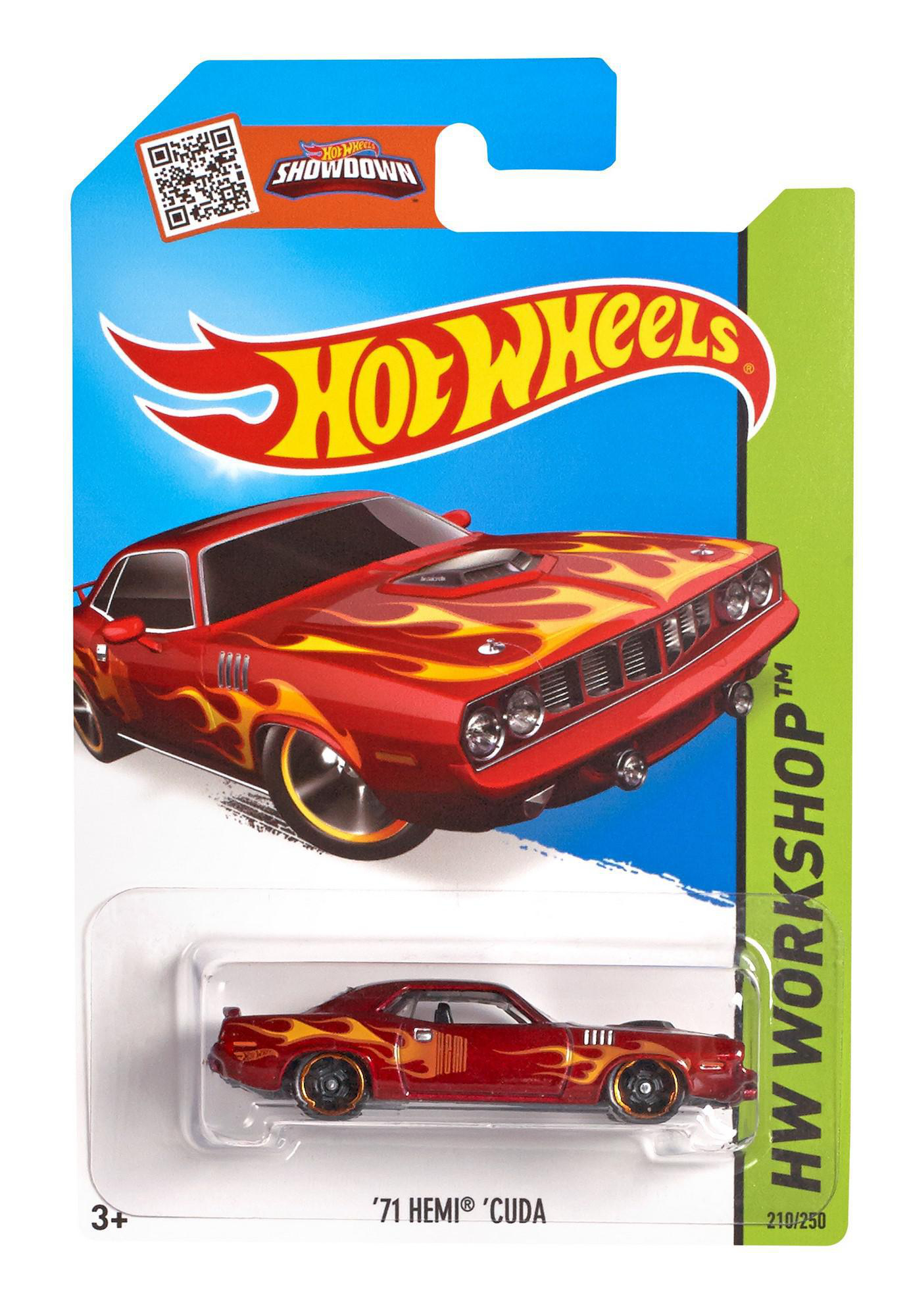 Ein rotes Hot-Wheels-Auto mit Flammenaufklebern auf einer blau-grünen Karte. Das Auto ist ein '71 Hemi 'Cuda.