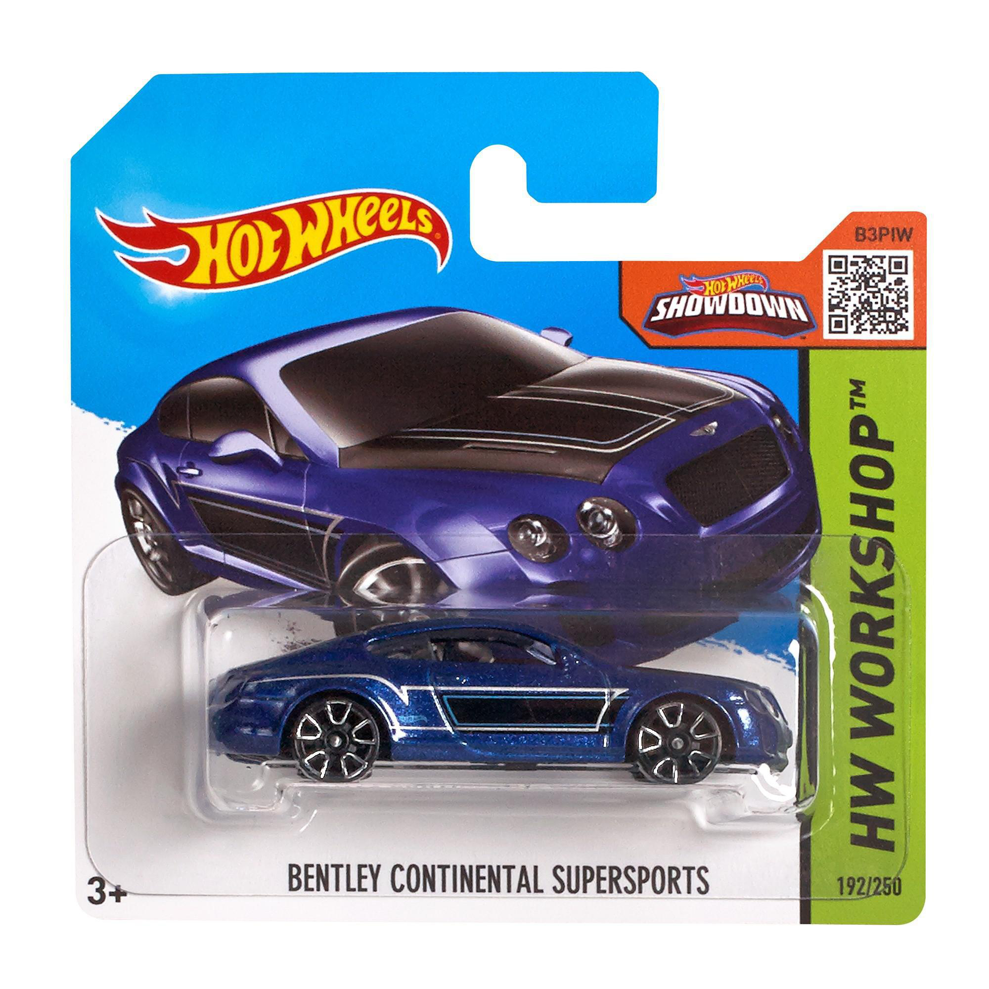 Ein blaues Hot Wheels Bentley Continental Supersports Spielzeugauto in einer Verpackung mit dem Hot Wheels Logo.