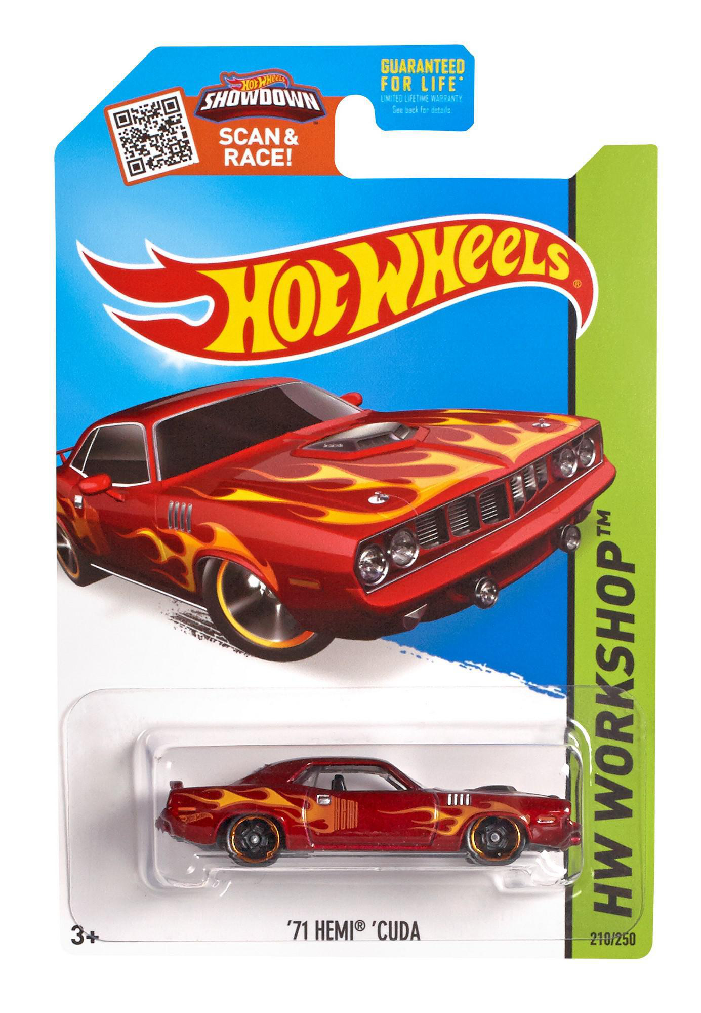 Rotes Hot Wheels '71 Hemi 'Cuda Auto mit Flammenaufklebern, auf einer blau-grünen Karte. Enthält Text: 'Showdown', 'Scan & Race!'