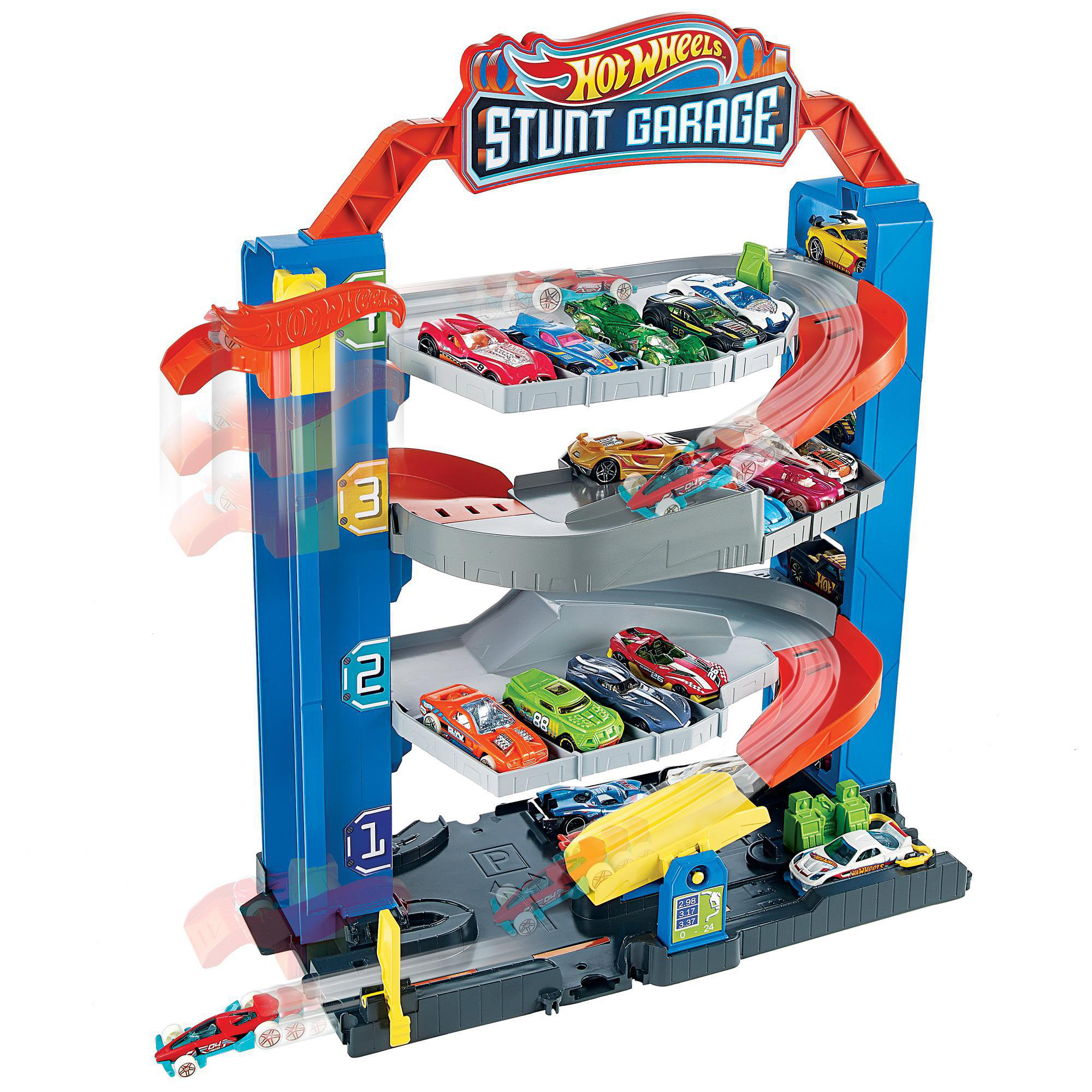 Hot Wheels Stunt Garage Spielzeugset mit mehreren Ebenen und Rampen. Mehrere Spielzeugautos stehen auf den Rampen.