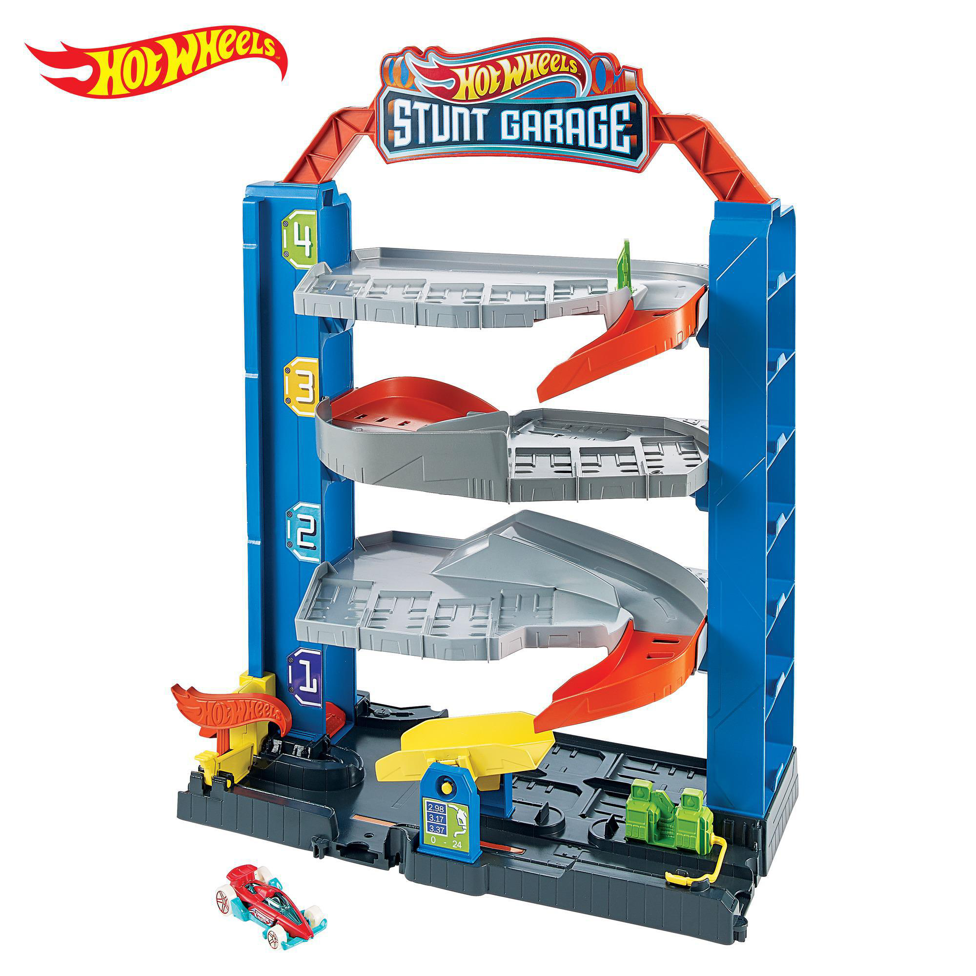 Hot Wheels Stunt Garage Spielzeugset. Blauer Turm, rote Rampen, graue Plattformen, mit einem kleinen roten Auto.