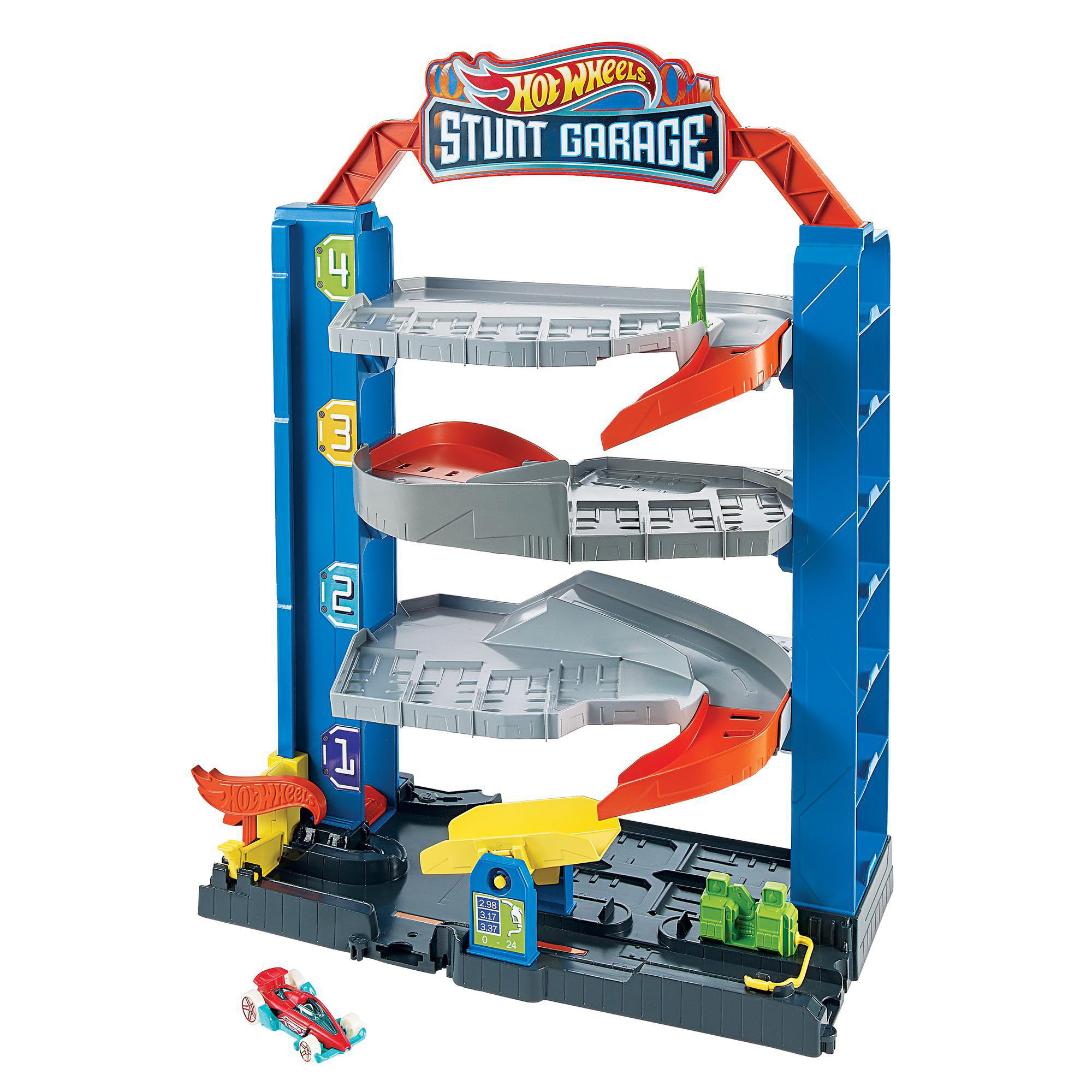 Hot Wheels Stunt Garage Spielzeug. Blaue Struktur mit Rampen, Ebenen und einem roten und blauen Rennwagen.