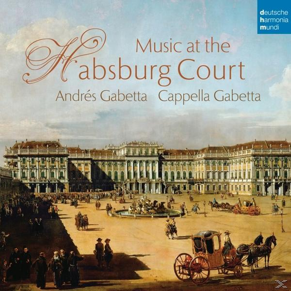 Album borító egy palota és emberek festményével. Szöveg felül. Fehér háttér. Zene a Habsburg udvarban.