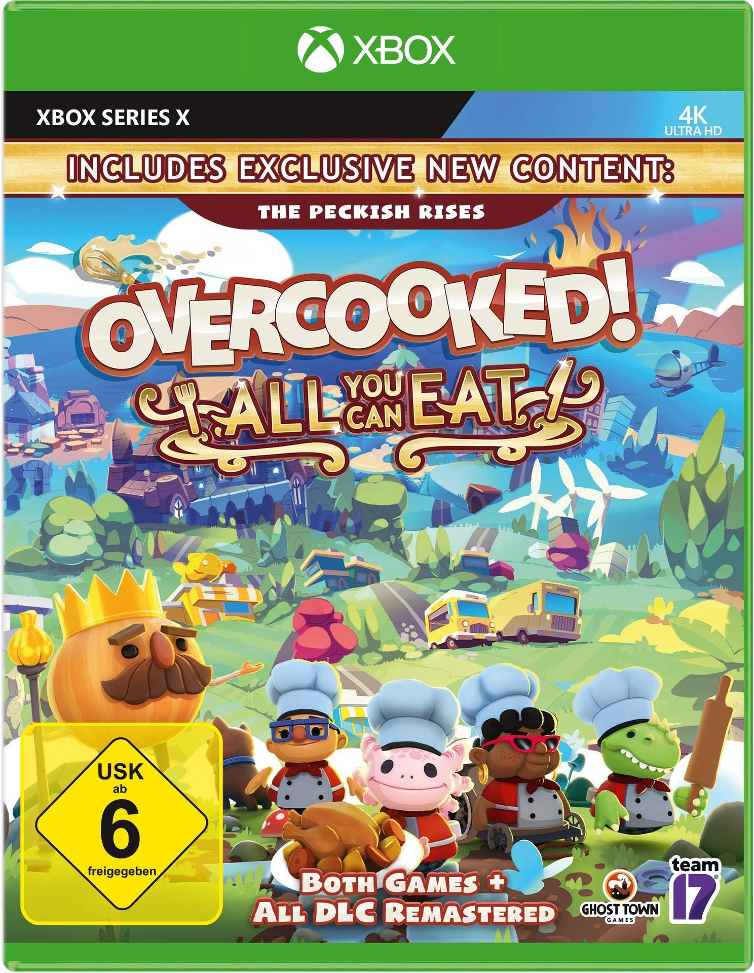 Overcooked! All You Can Eat Spielcover. Cartoon-Köche und Essen auf einer grünen Xbox Series X Box.