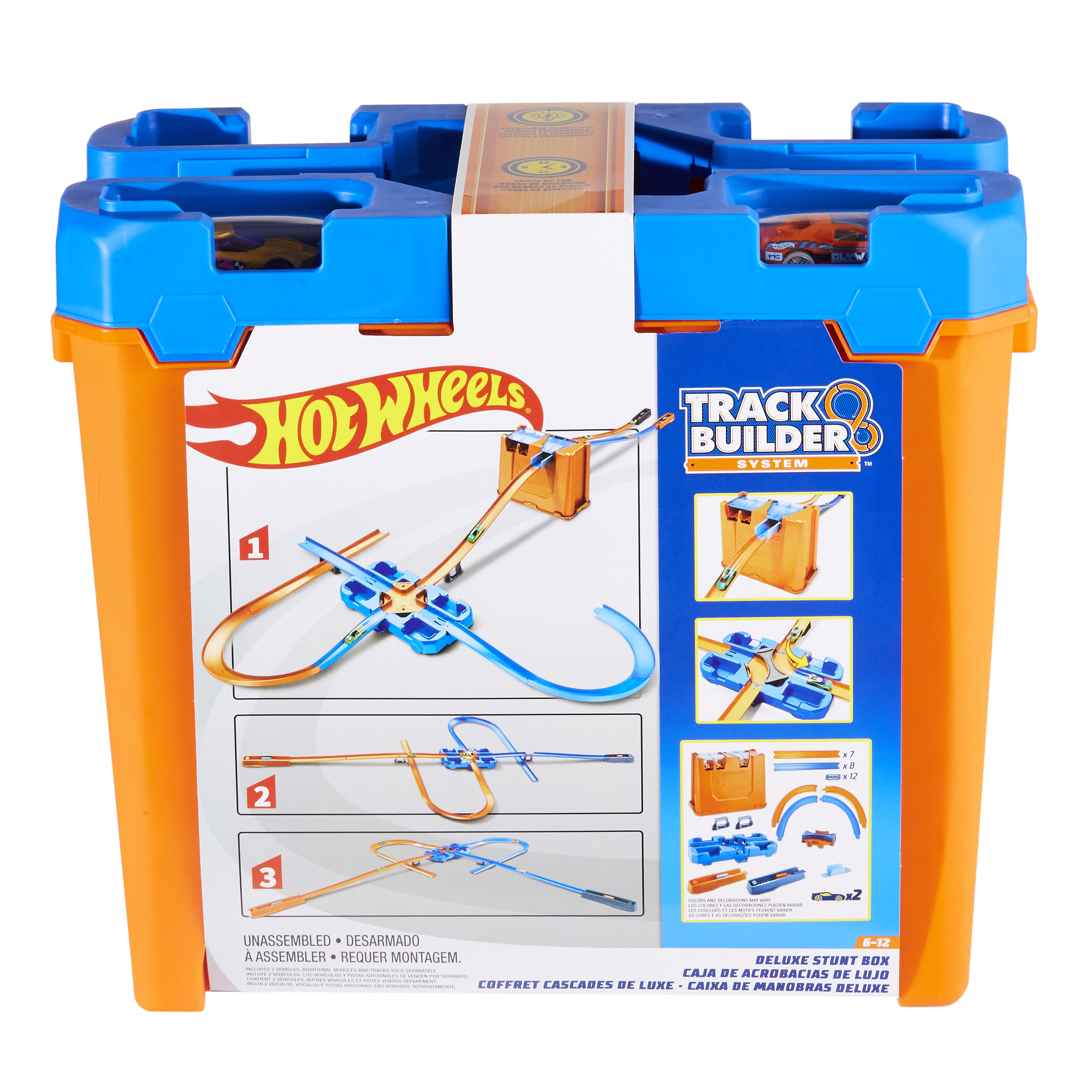 Eine Hot Wheels Track Builder Box. Orange und blaue Box mit Streckendiagrammen. Enthält Spielzeugautos und Streckenteile.