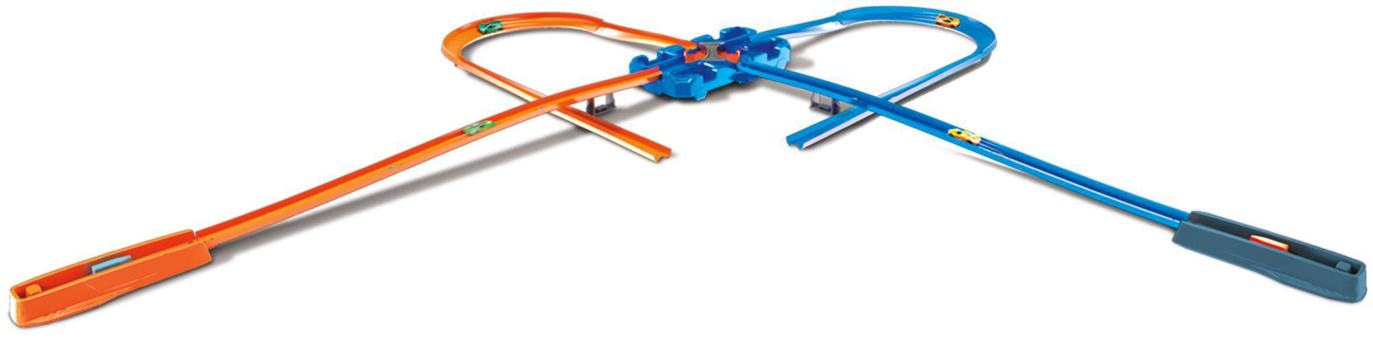 Spielzeug-Rennstrecke mit sich kreuzenden orangefarbenen und blauen Strecken. Spielzeugautos fahren.