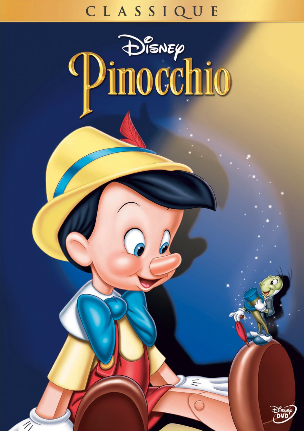 Couverture du DVD Pinocchio de Disney avec Pinocchio et Jiminy Cricket sur fond bleu.