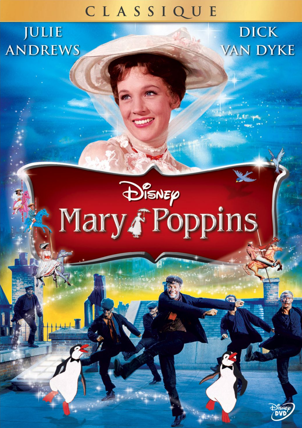 Couverture du film Mary Poppins avec Julie Andrews et Dick Van Dyke. Avec des pingouins de dessin animé.