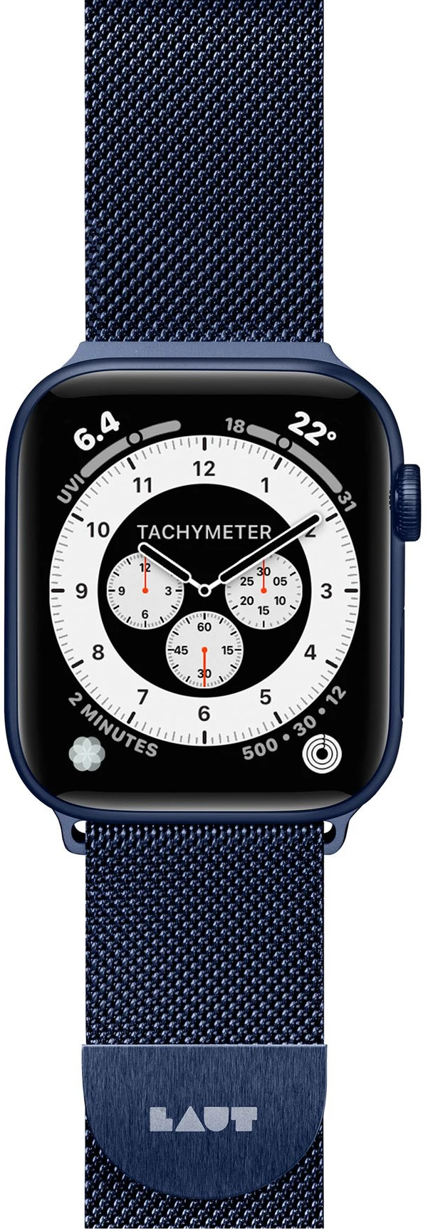 Dunkelblaue Laut Apple Watch. Schwarzes Zifferblatt mit weißen Kreisen und Zahlen. Blaues Band.