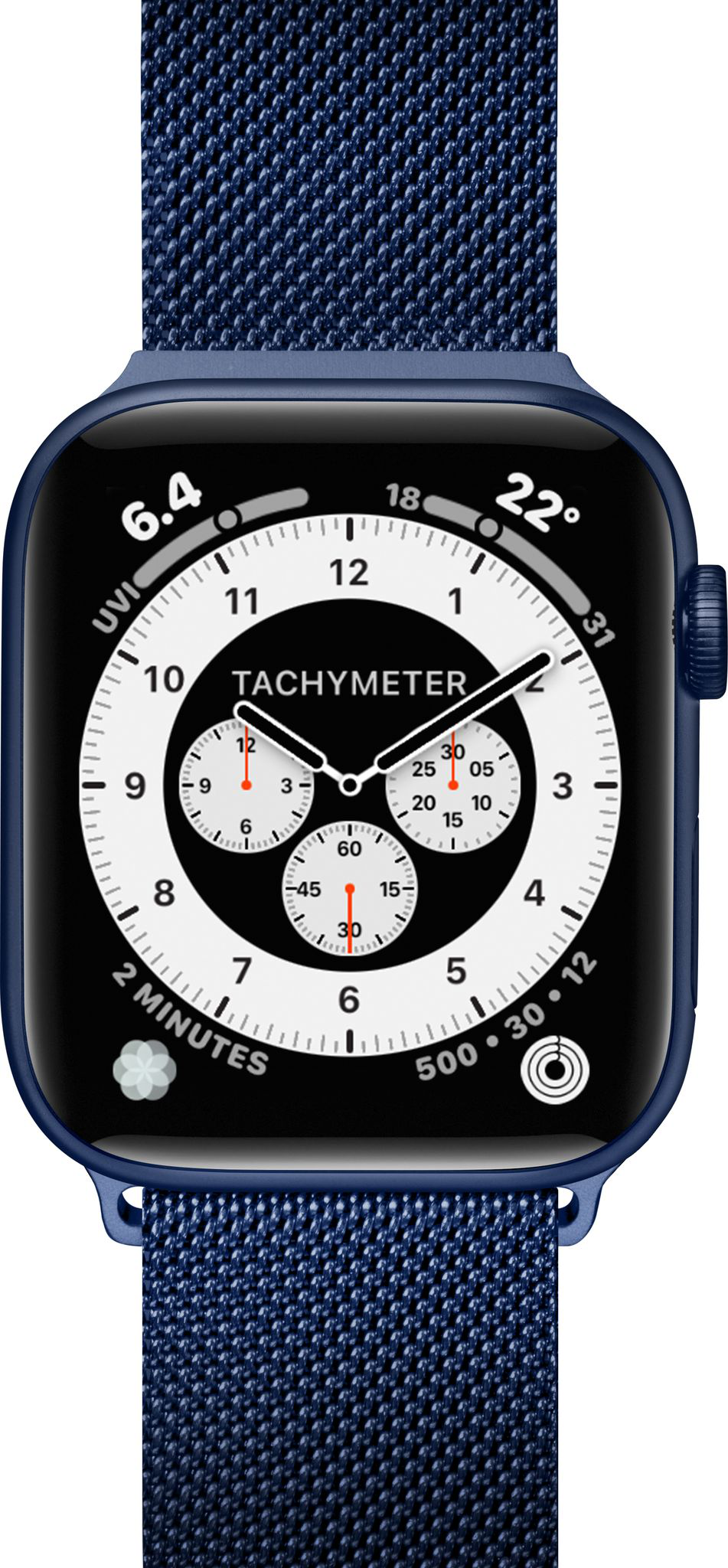 Eine blaue Apple Watch mit blauem gewebten Armband, die die Uhrzeit anzeigt.