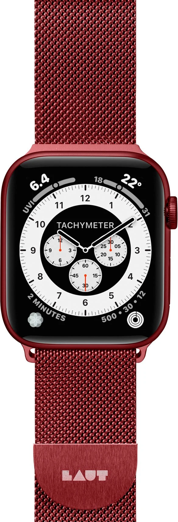 Rote Apple Watch mit rotem Mesh-Armband und schwarzem Zifferblatt mit weißen Details.