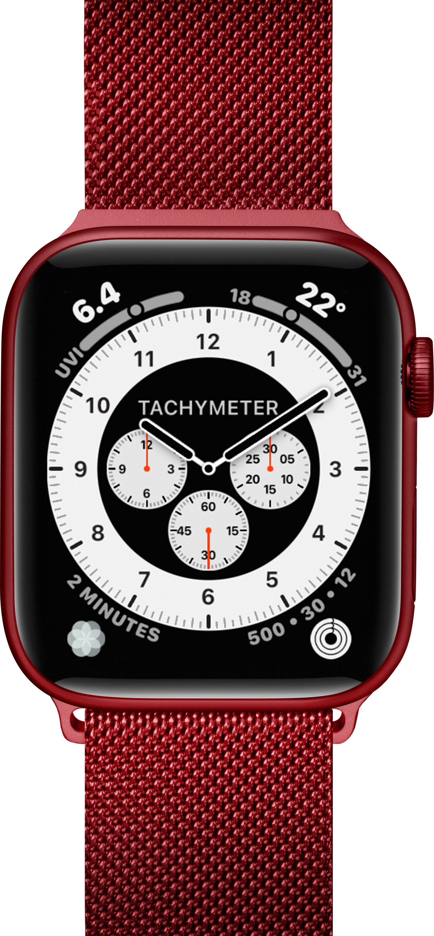 Rote Apple Watch mit rotem Armband, die das Zifferblatt mit verschiedenen Zifferblättern zeigt.