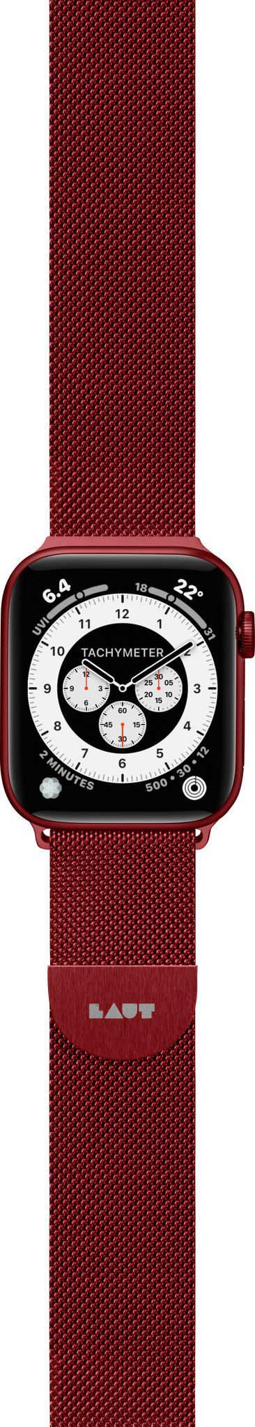 Rote Apple Watch mit rotem Armband, das Zifferblatt wird angezeigt. Auf dem Armband steht LAUT.
