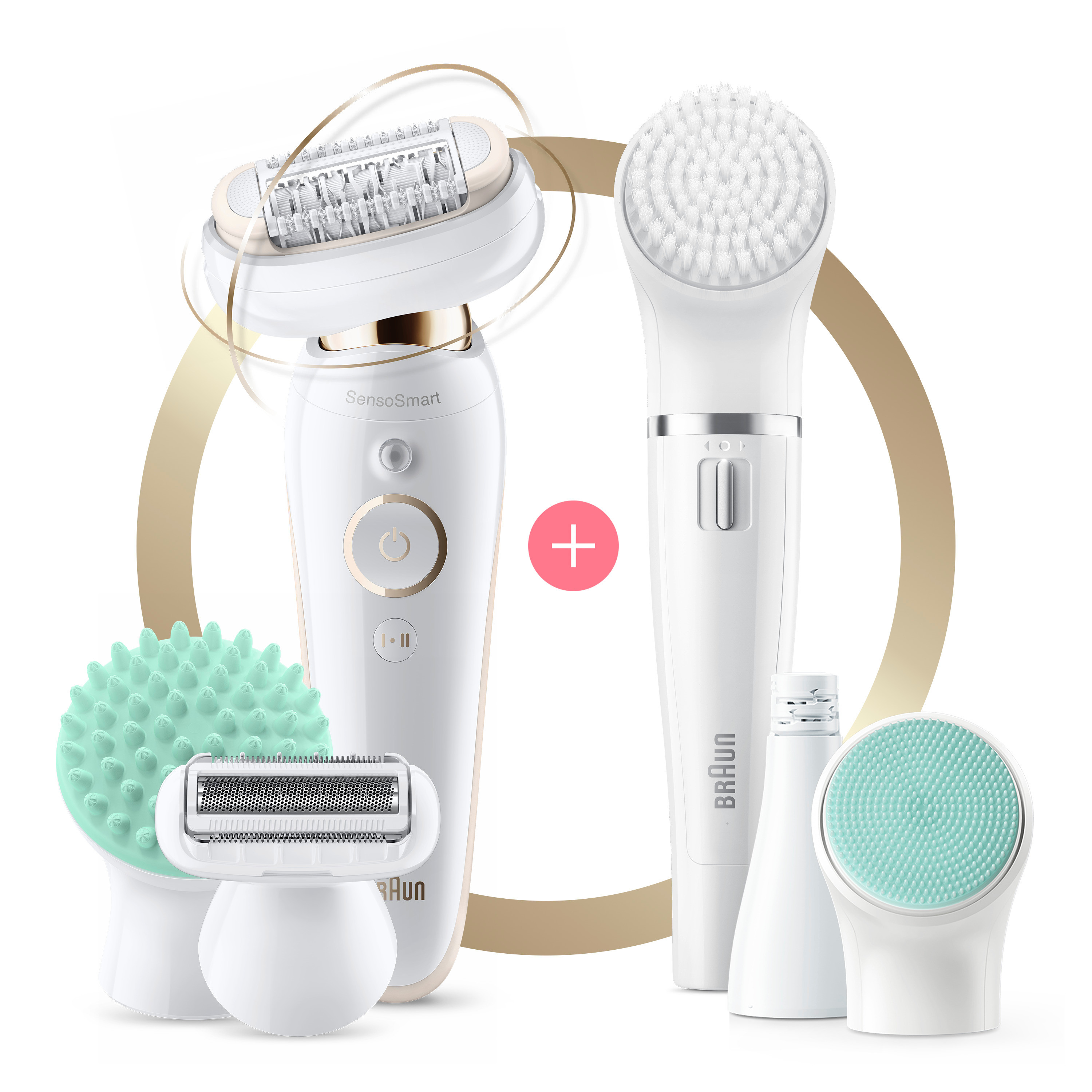 Set aus Braun Epilierer, Gesichtsreinigungsbürste und Zubehör. Weißer Hintergrund.
