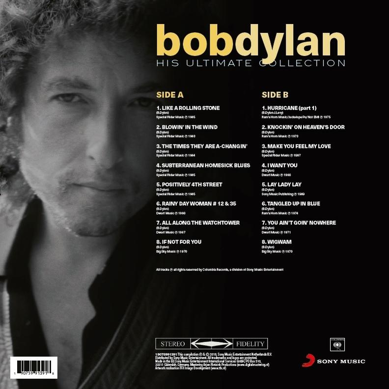 Albumhoes voor Bob Dylan's ultieme collectie, tracklijsten worden weergegeven. Bevat een foto van Bob Dylan.